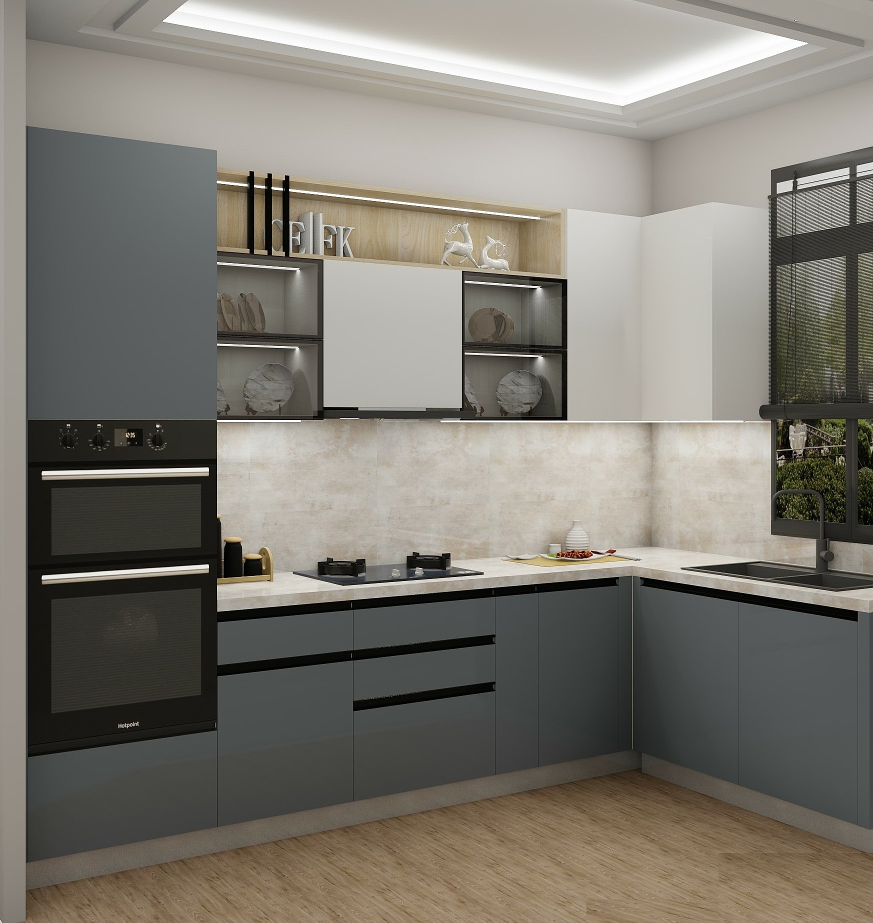 Spacious L-Shaped Grey Modular Kitchen Design